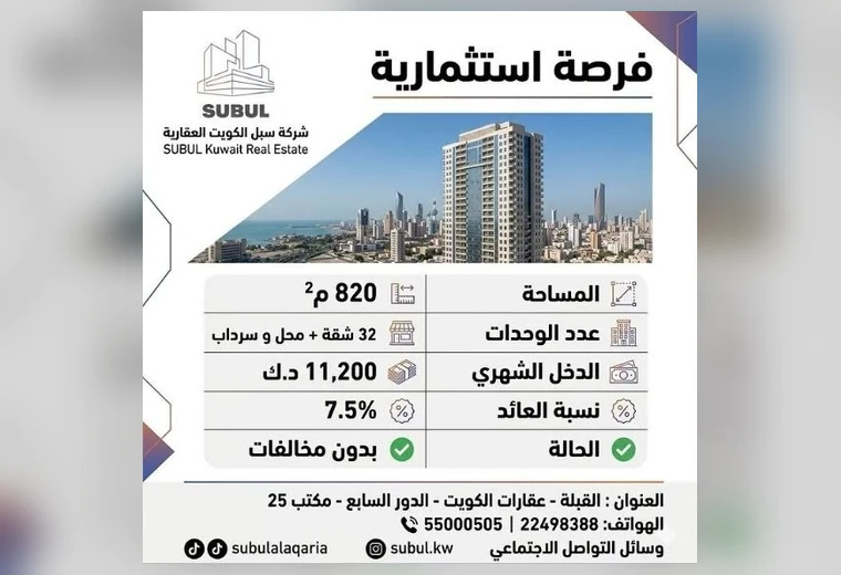 عمارة استثمارية للبيع — 820م²، 32 شقة في الكويت
